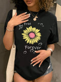 Women's Floral & Letter Print Round Neck Tee, Fashion Casual Crew Neck T-Shirt for Daily Holiday Vacation Outdoor Wear,...