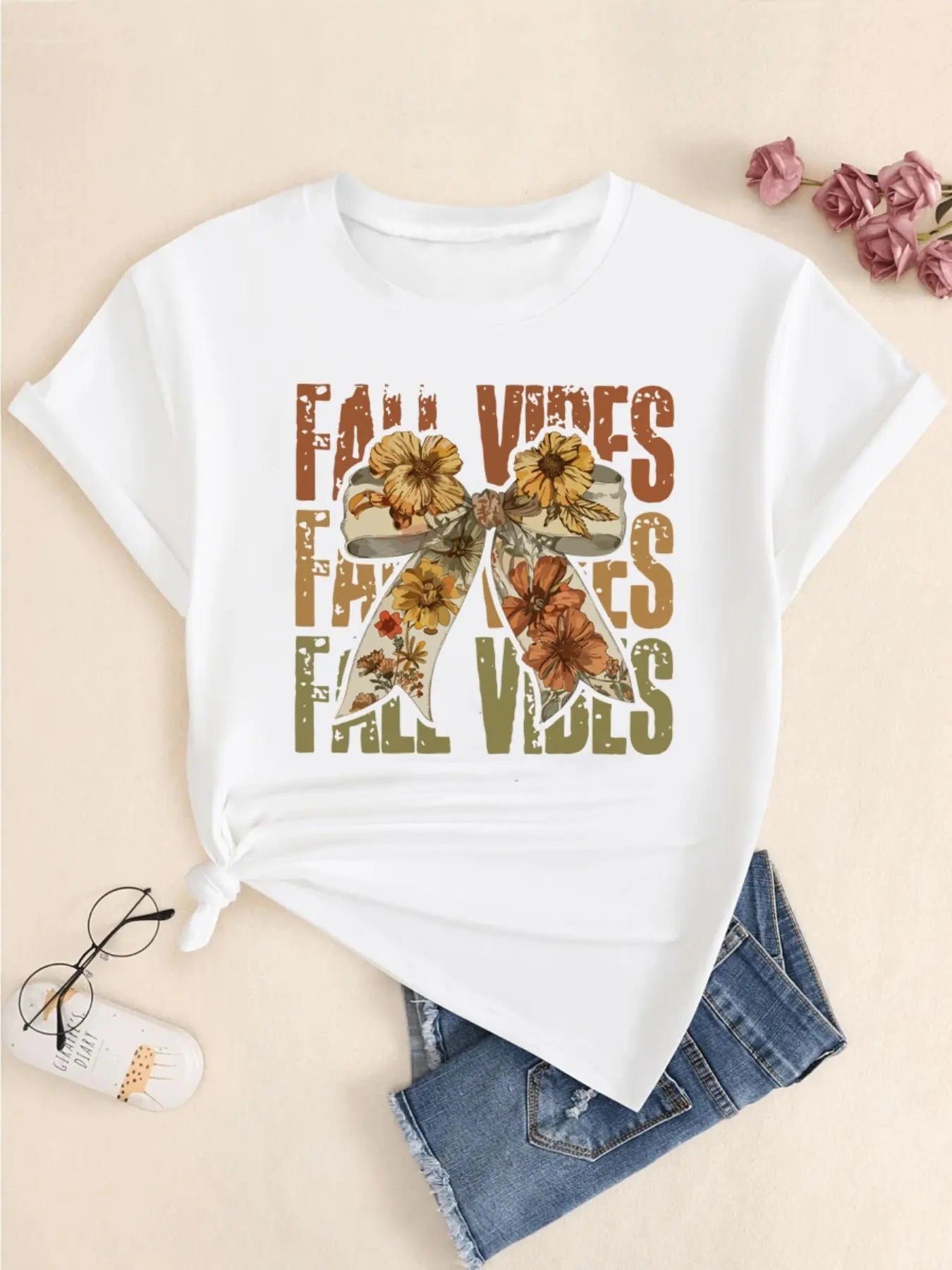 Women's Floral & Letter Print Round Neck Tee, Fashion Casual Crew Neck T-Shirt for Daily Holiday Vacation Outdoor Wear,...