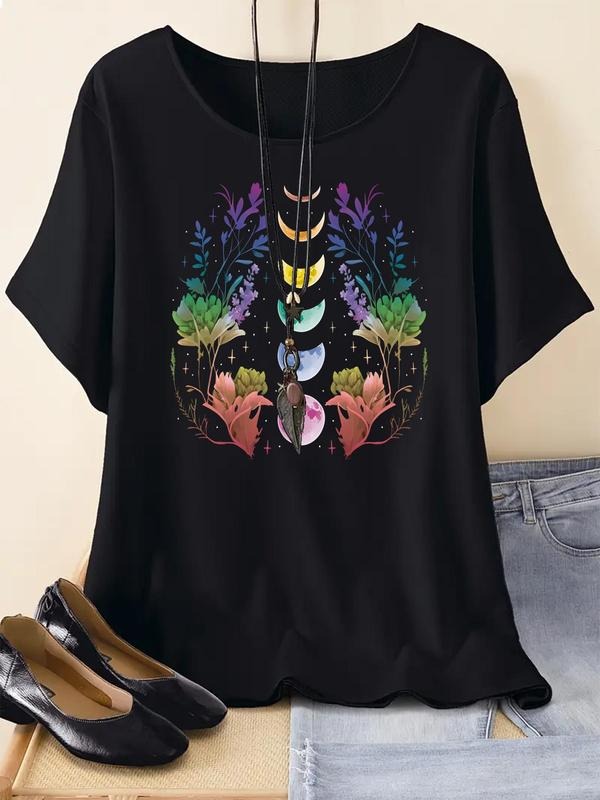 Women's Floral & Moon Print Round Neck Tee, Casual Comfy Short Sleeve T-shirt for Summer, Fashion Women's Top for Daily...