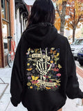 Women's Floral & Skeleton Print Thermal Lined Hoodie, Fashion Casual Letter Print Hooded Sweatshirt for Daily Holiday...