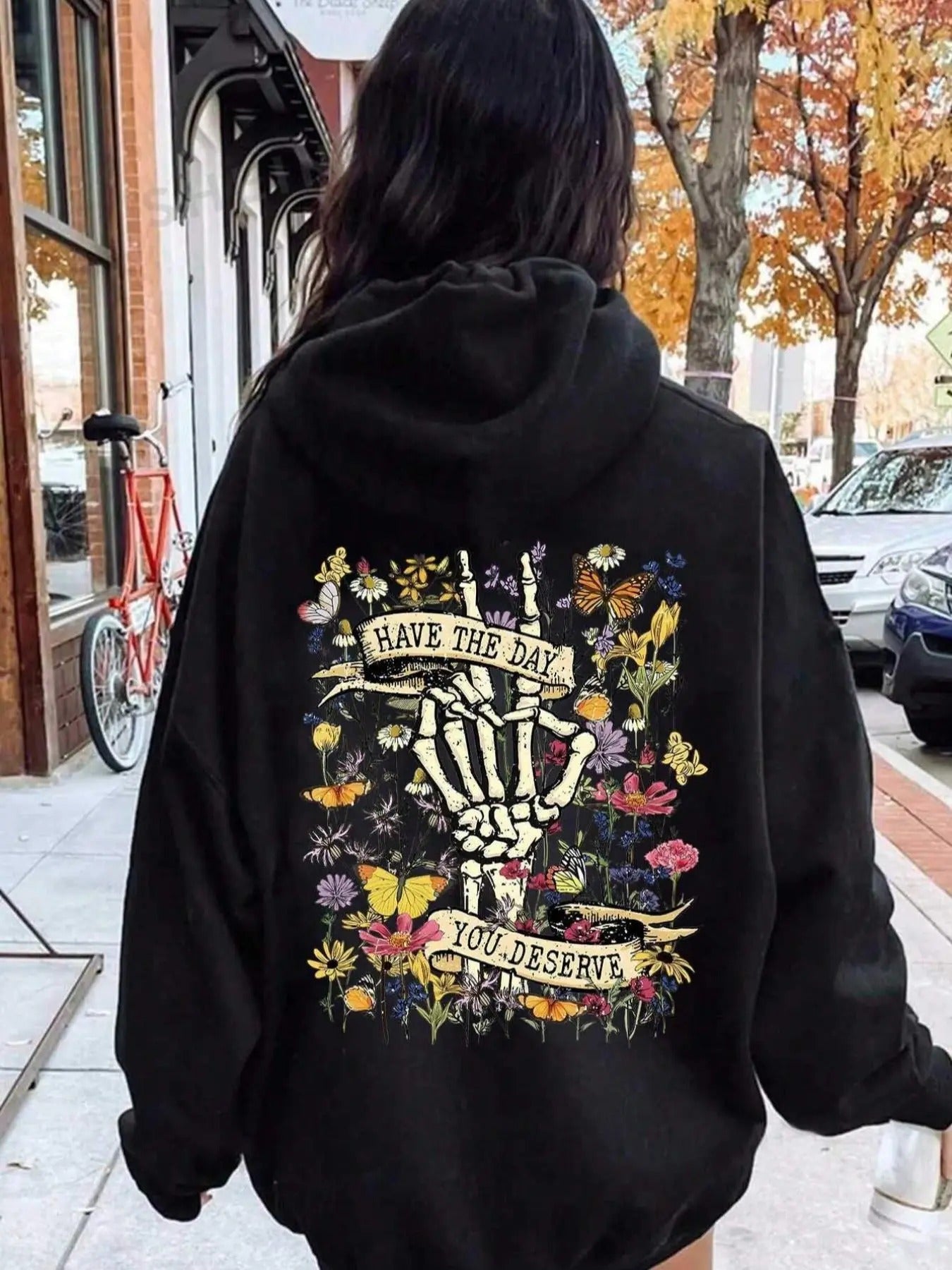 Women's Floral & Skeleton Print Thermal Lined Hoodie, Fashion Casual Letter Print Hooded Sweatshirt for Daily Holiday...