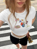 Women's Floral Print Round Neck Crop Tee, Casual Slim-fitting Short Sleeve T-shirt, Ladies Clothes for All Seasons...