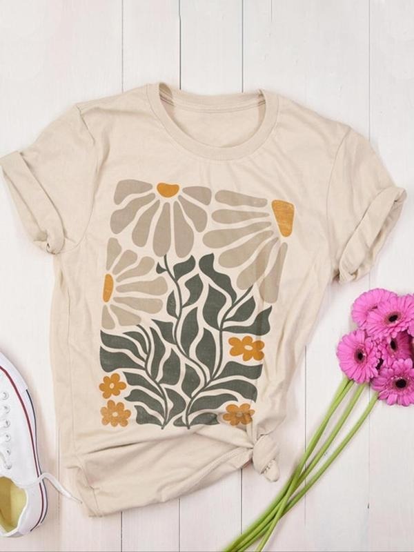 Women's Floral Print Round Neck Graphic Tee, Vintage Trendy Casual Short Sleeve T-shirt For Daily Wear, Ladies All...