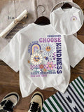 Women's Flower & Letter Print Round Neck Graphic Tee, Vintage Trendy Casual Figure Graphic Back Printed T-shirt for Daily...