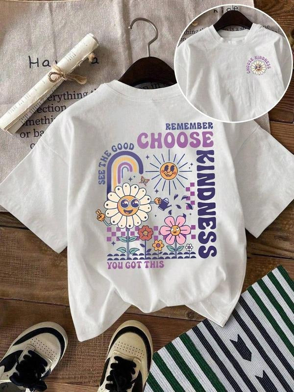 Women's Flower & Letter Print Round Neck Graphic Tee, Vintage Trendy Casual Figure Graphic Back Printed T-shirt for Daily...