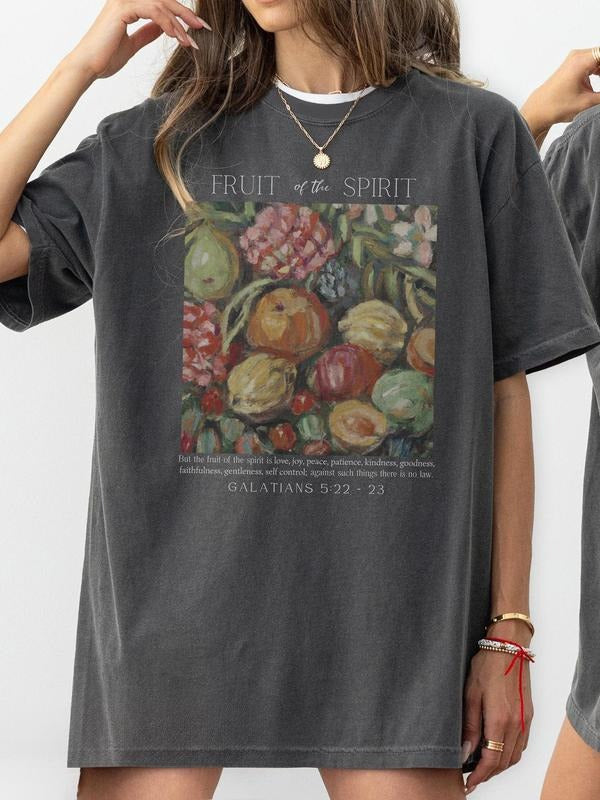 Women's Fruit & Letter Print Round Neck Tee, Casual Short Sleeve Crew Neck T-shirt for Summer, Women's Top for Daily Wear...