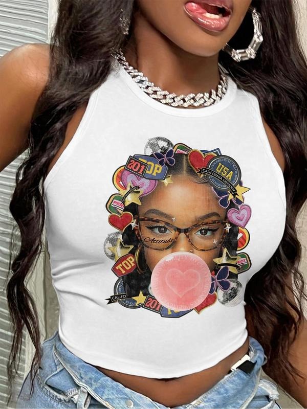 Women's Gamer Print Round Neck Crop Tank Top, Fashion Casual Sleeveless Top for Daily Outdoor Wear, Ladies Clothes for...