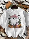 Women's Ghost & Pumpkin Print Round Neck Tee, Casual Halloween Graphic Short Sleeve T-Shirt for Summer, Ladies Clothes...