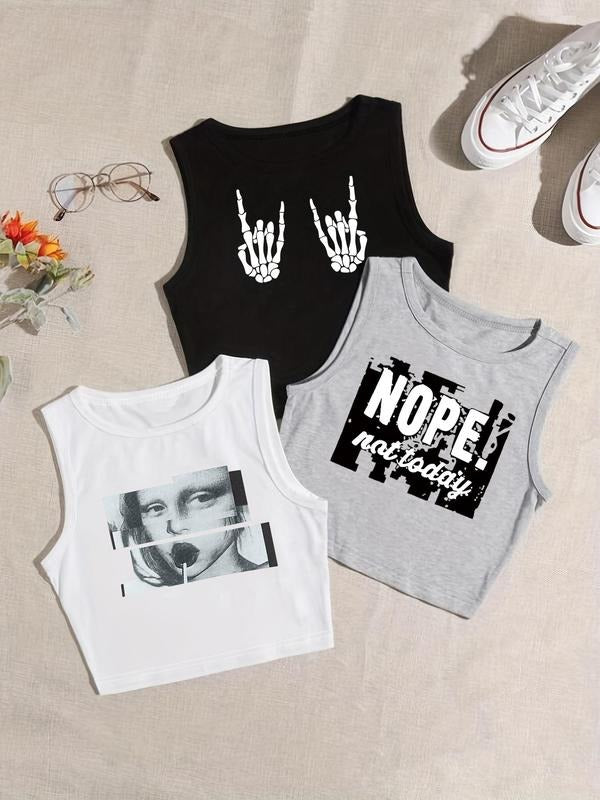Women's Graphic Round Neck Crop Tank Top, Street Crew Neck Sleeveless Cropped Top, Ladies Summer Clothes for Daily...