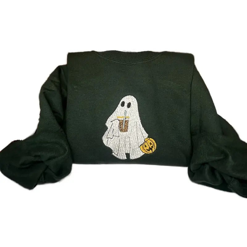 Women's Halloween Iced Coffee Ghost Sweatshirt with Embroidery Design T-Shirts, Hoodie | GrindPrints.com