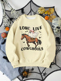 Women's Halloween Letter & Horse Print Drop Shoulder Sweatshirt, Casual Long Sleeve Round Neck Pullover for Fall &...