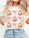 Women's Halloween Themed Bowknot & Pumpkin Print Round Neck Tee, Y2K Style Short Sleeve T-Shirt, Ladies Summer Clothes...