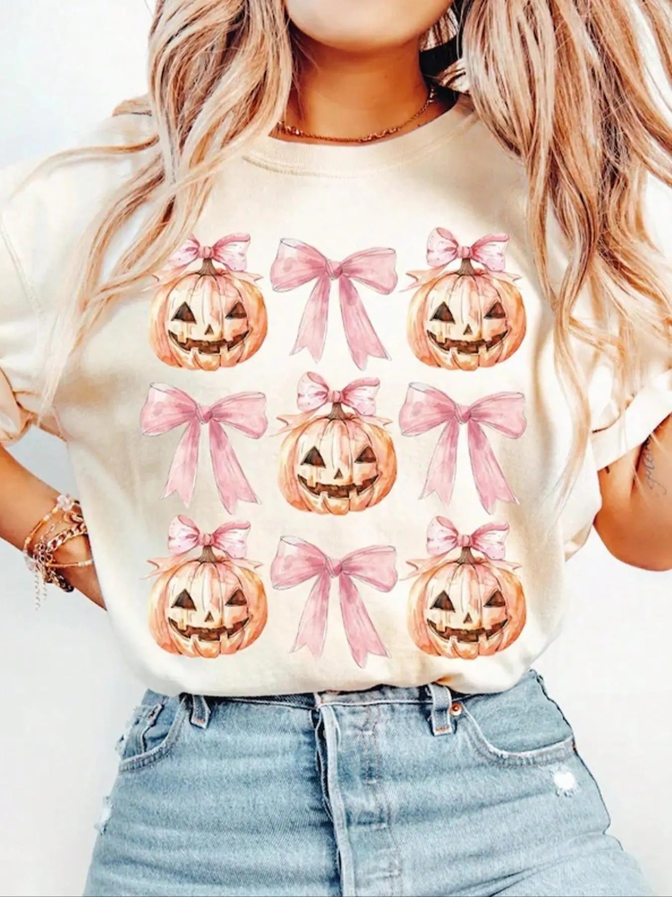 Women's Halloween Themed Bowknot & Pumpkin Print Round Neck Tee, Y2K Style Short Sleeve T-Shirt, Ladies Summer Clothes...