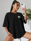 Women's Heart & Letter Print Drop Shoulder Tee, Casual Graphic Half Sleeve Round Neck T-shirt for Daily Wear, Ladies...
