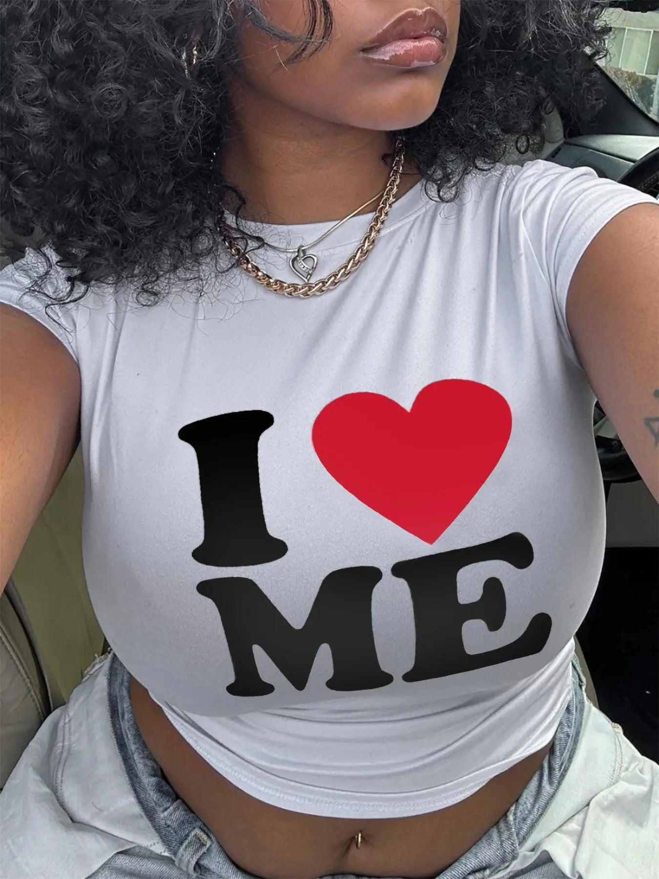 Women's Heart & Letter Print Round Neck Crop Tee, Casual Short Sleeve Crew Neck T-shirt for Daily Wear, Ladies Clothes...