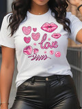 Women's Heart & Lip Print Round Neck Tee, Fashion Casual Letter Graphic Short Sleeve T-shirt, Ladies Clothes for Summer...