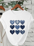 Women's Heart Print Round Neck Tee, Casual Denim-Effect Print Short Sleeve T-Shirt for Summer, Ladies Clothes for Daily...