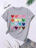 Women's Heart Print Round Neck Tee, Trendy Casual Short Sleeve Crew Neck T-shirt for Daily Wear, Ladies All Seasons...