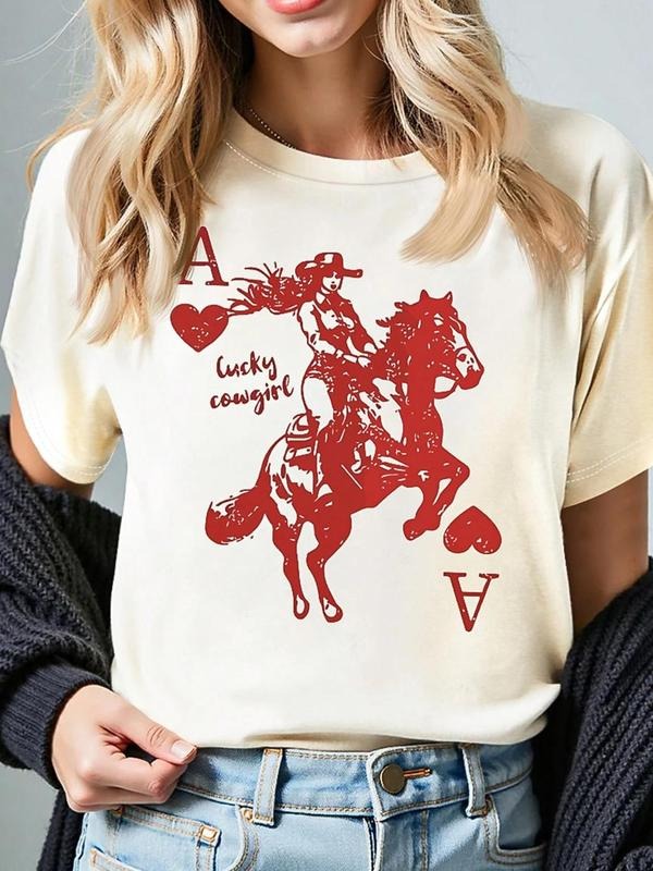 Women's Horse & Cowgirl Print Round Neck Tee, Vintage Trendy Casual Short Sleeve T-shirt for Daily Wear, Ladies All...
