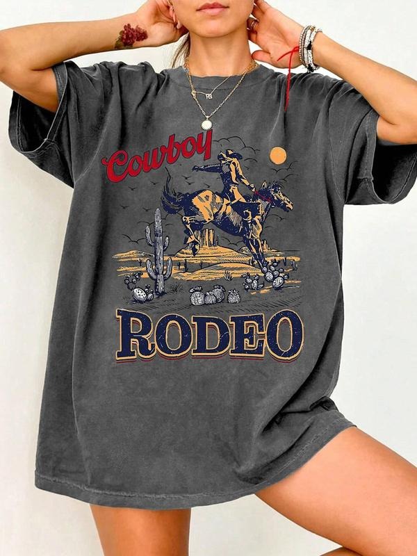 Women's Horse Riding & Letter Print Round Neck Tee, Vintage Trendy Casual Graphic T-shirt for Daily Wear, Ladies All...