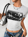 Women's Landscape Print Round Neck Graphic Crop Tee, Vintage Trendy Casual Short Sleeve T-shirt for Daily Wear, Ladies...