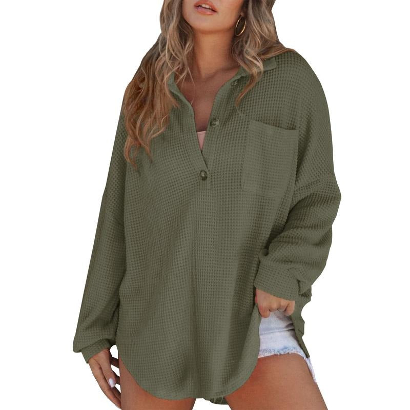 Women's Lapel Collar Tops Casual Long Sleeve Button Front Solid Color Loose T-Shirts Waffle Knit Tops Hoodie, Sweatshirt