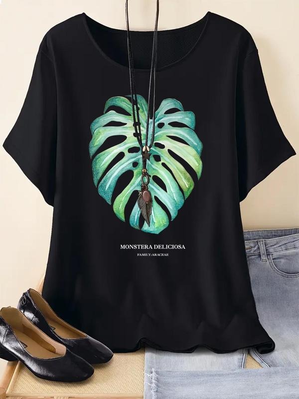 Women's Leaf & Letter Print Round Neck Tee, Trendy Casual Short Sleeve T-shirt For Daily Wear, Ladies Summer Outfit...