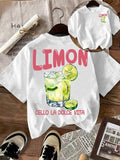 Women's Lemon & Letter Print Round Neck Tee, Casual Short Sleeve Crew Neck T-Shirt for Summer, Fashion Women's Top for...