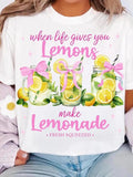 Women's Lemon & Letter Print Round Neck Tee, Fashion Casual Crew Neck T-Shirt for Daily Holiday Vacation Outdoor Wear,...
