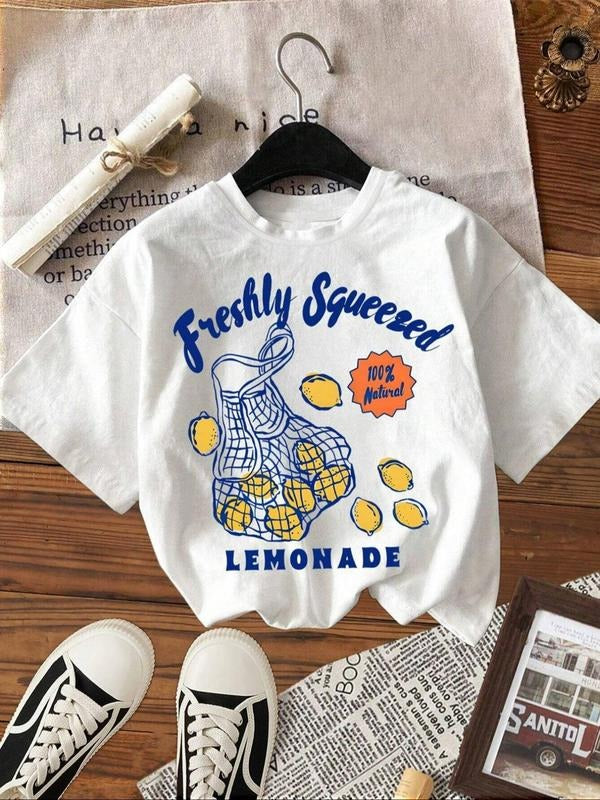 Women's Lemon Print Round Neck Tee, Fashion Casual Crew Neck T-Shirt for Daily Holiday Vacation Outdoor Wear, Ladies...