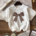 Women's Leopard Bow Print Round Neck Tee, Classy Casual Short Sleeve T-shirt for Summer, Ladies Clothes for Daily Wear...