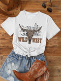 Women's Leopard Bull Head & Landscape Print Round Neck Tee, Vintage Casual Letter Graphic Short Sleeve T-shirt for Daily...