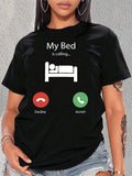 Women's Letter & Bed Print Round Neck Tee, Vintage Trendy Casual Short Sleeve T-shirt for Daily Wear, Ladies All Seasons...