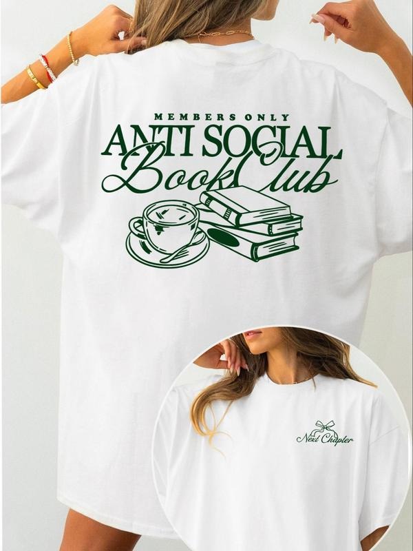 Women's Letter & Book Print Round Neck Tee, Trendy Casual Half Sleeve T-shirt for Daily Wear, Ladies Summer Clothes...