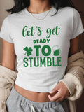 Women's Letter & Clover Print Crew Neck Crop Tee, Casual Tight-fitting Short Sleeve T-shirt for Summer, Ladies Clothes...