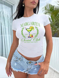 Women's Letter & Cocktail Print Round Neck Tee, Casual Short Sleeve T-shirt for Summer, Ladies Clothes for Daily Wear...
