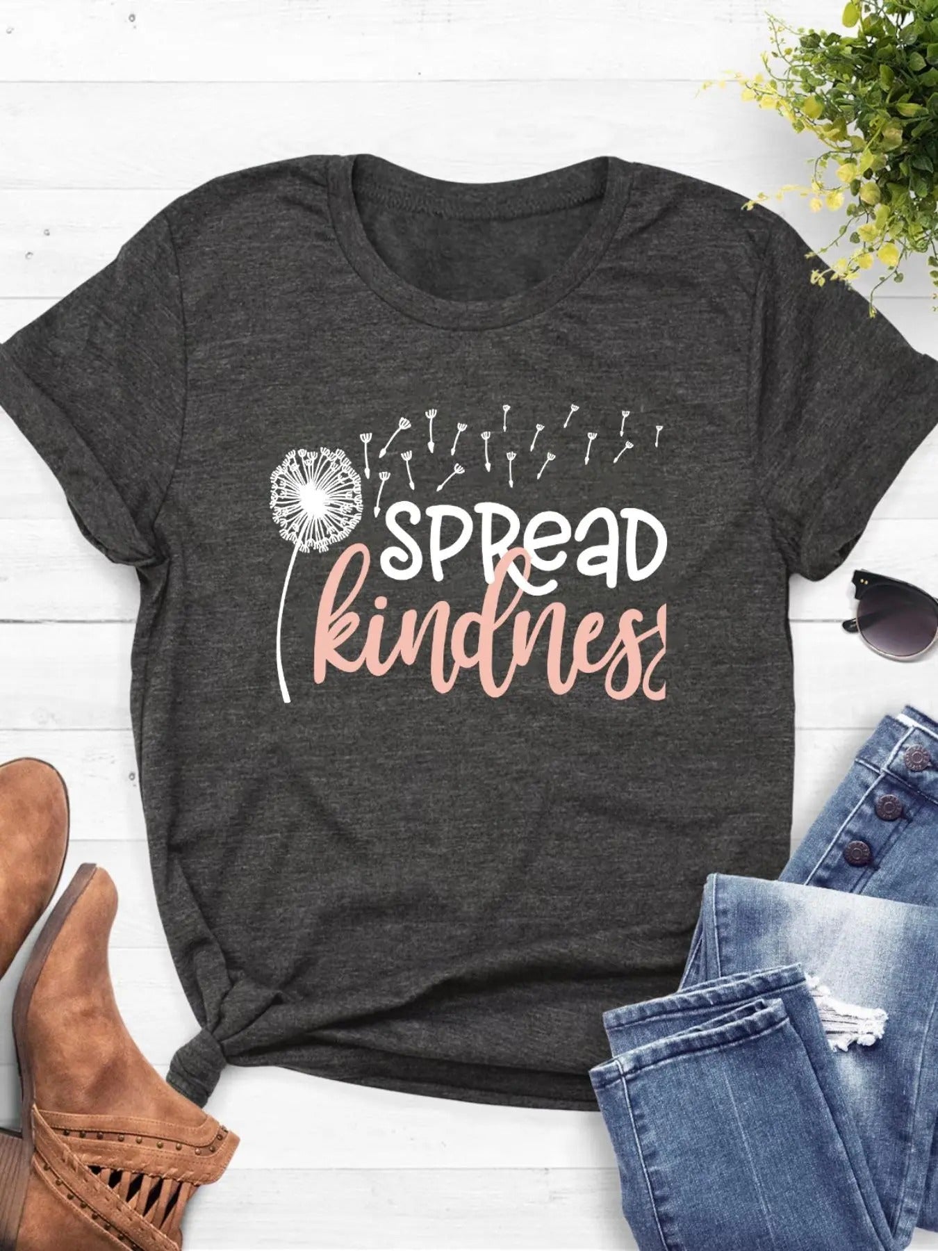 Women's Letter & Dandelion Print Round Neck Graphic Tee, Vintage Trendy Casual Short Sleeve T-shirt For Daily Wear,...
