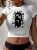 Women's Letter & Figure Print Round Neck Crop Tee, Casual Short Sleeve Crew Neck T-shirt for Daily Wear, Ladies Clothes...