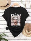 Women's Letter & Figure Print Round Neck Graphic Tee, Vintage Trendy Casual Short Sleeve T-shirt for Daily Wear, Ladies...