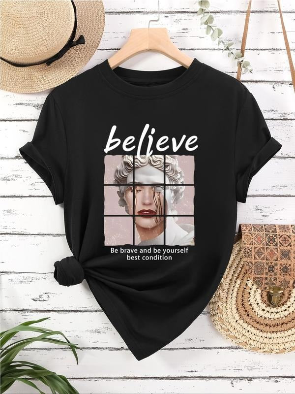 Women's Letter & Figure Print Round Neck Graphic Tee, Vintage Trendy Casual Short Sleeve T-shirt for Daily Wear, Ladies...