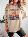 Women's Letter & Figure Print Round Neck Tee, Trendy Casual Striped Print Drop Shoulder Short Sleeve T-shirt for Daily...