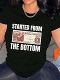 Women's Letter & Food Stamp Print Round Neck Tee, Trendy Casual Crew Neck Short Sleeve T-shirt For Daily Wear, Ladies...