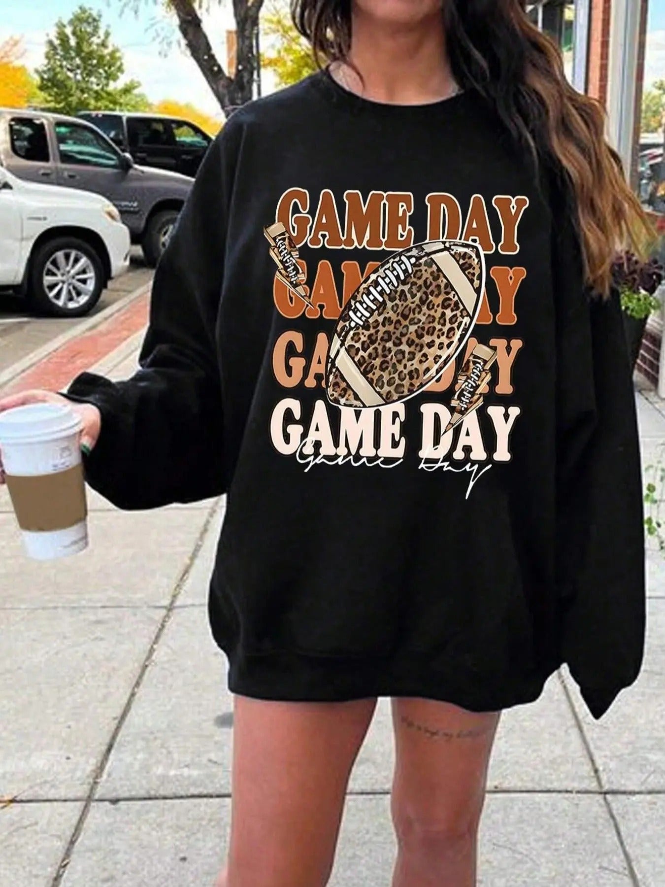 Women's Letter & Football Print Drop Shoulder Sweatshirt, Casual Long Sleeve Round Neck Pullover for Fall & Winter,...