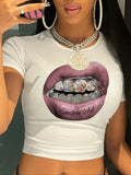 Women's Letter & Lip Print Round Neck Crop Tee, Fashion Casual Crew Neck Short Sleeve T-shirt for Daily Holiday Vacation...