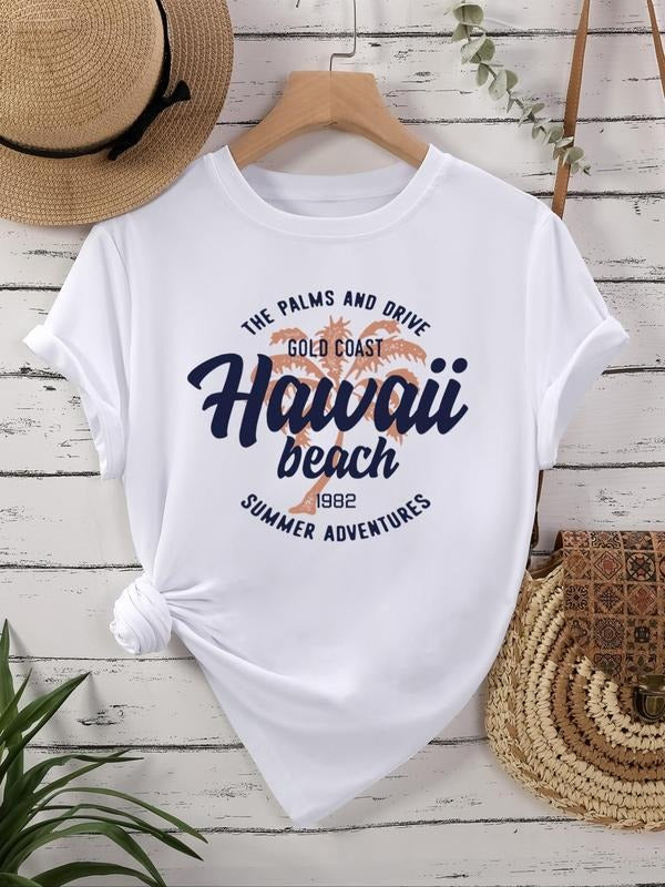 Women's Letter & Palm Tree Print Round Neck Graphic Tee, Vintage Trendy Casual Short Sleeve T-shirt For Daily Wear,...