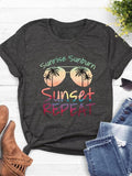 Women's Letter & Sunglasses Print Round Neck Tee, Casual Short Sleeve Graphic T-Shirt for Summer, Ladies Clothes for...