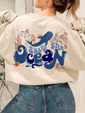 Women's Letter & Whale Print Crew Neck Sweatshirt, Casual Long Sleeve Pullover for Daily Wear, Ladies Clothes for All...