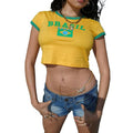 Women's Letter Flag Crop Tops Short Sleeve Round Neck Show Navel Contrast Color T-Shirt Streetwear Womenswear Polyester...