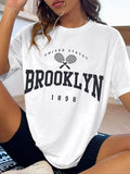 Women's Letter Graphic Print Round Neck Tee, Fashion Casual Drop Shoulder Short Sleeve T-shirt, Ladies Summer Clothes for...
