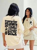 Women's Letter Print Drop Shoulder Tee, Casual Half Sleeve Round Neck T-Shirt for Summer, Fashion Women's Top for Daily...